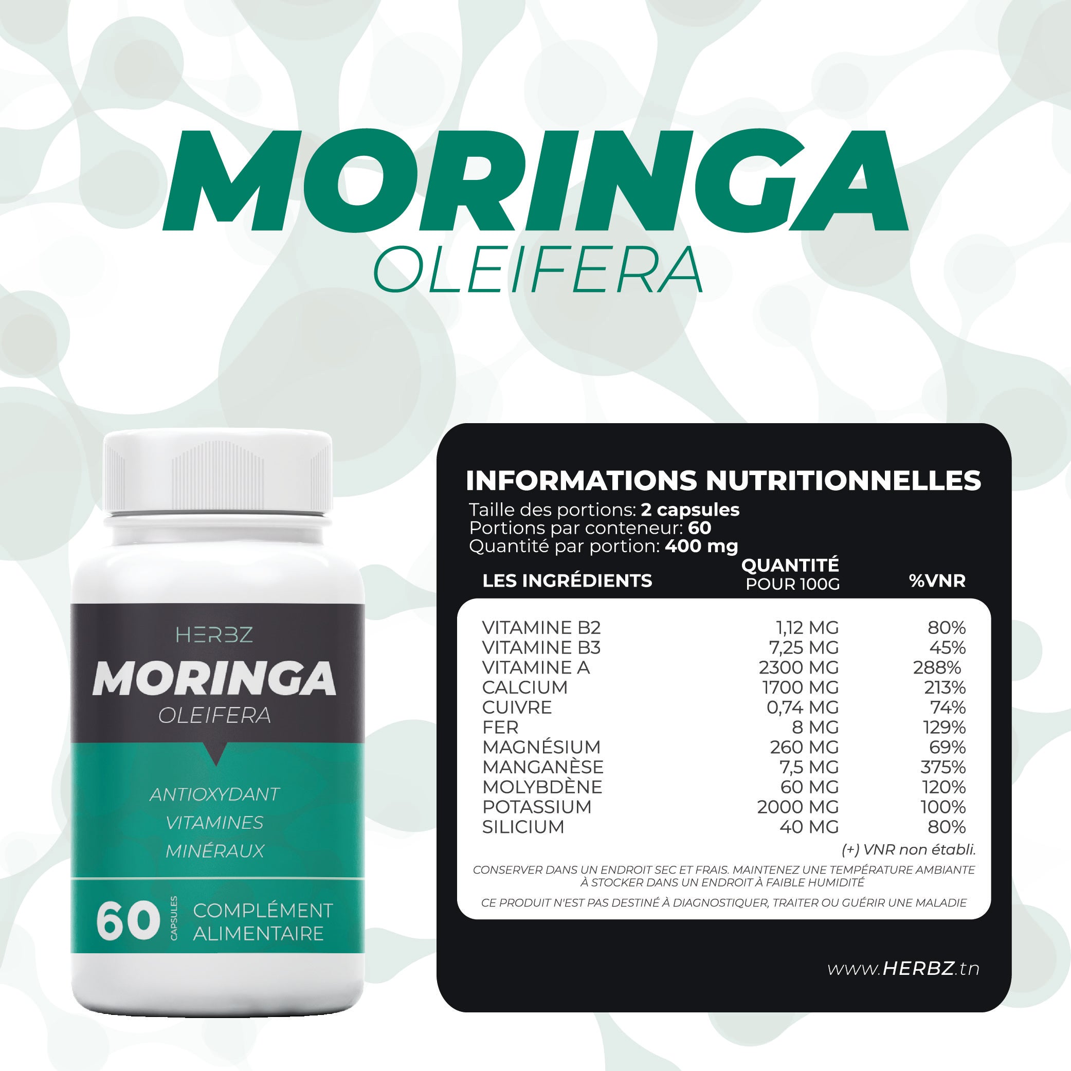 Moringa Oleifera HERBZ - Tonique Masculin Naturel - Vitalité & Performance - Pack Économique 3 Boîtes (180 Gélules) - Fabriqué en Tunisie